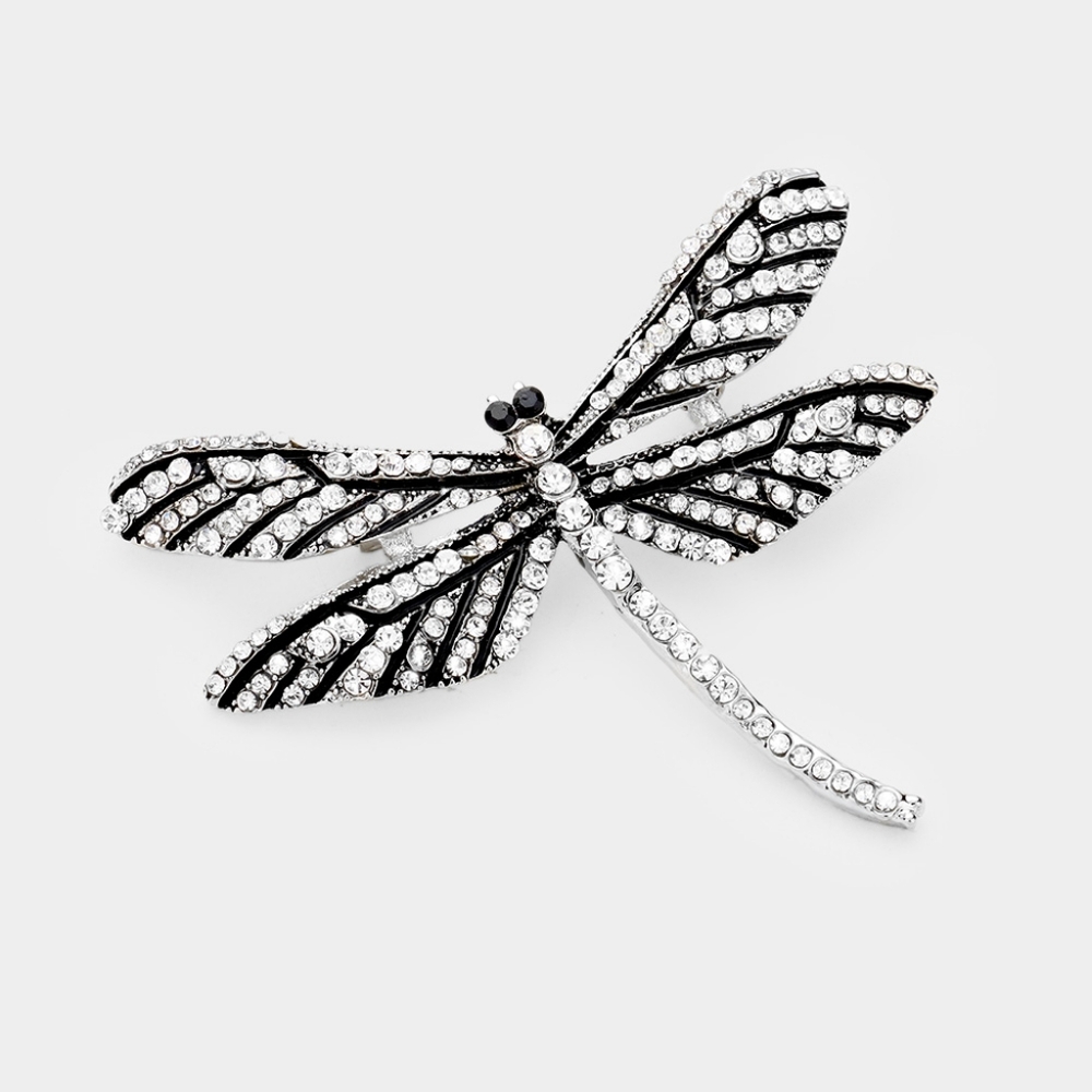 Silver Dragonfly Pin Rhinestone Crystal Brooch Statement Accessory